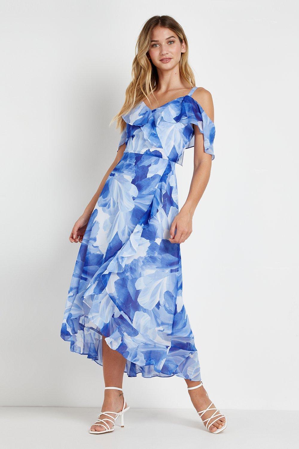Blue Floral Cold Shoulder Dress | Wallis UK
